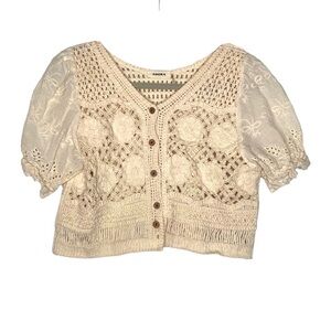 Adora Women's Cream Eyelet Crochet Cropped Boho Cropped Button-Down Top One Size
